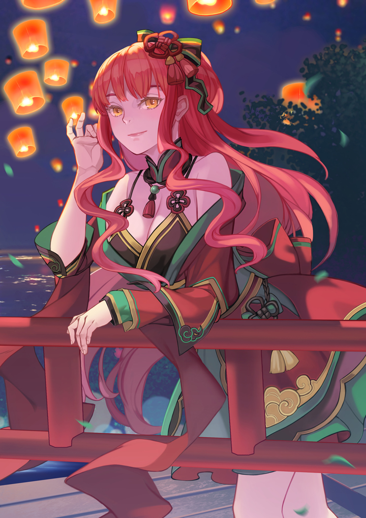 1girl air_(air_end) bangs bare_shoulders blush breasts cleavage closed_mouth cowboy_shot detached_collar detached_sleeves dress hair_ornament lampion long_hair long_sleeves looking_at_viewer medium_breasts night railing red_dress redhead romance_of_the_three_kingdoms smile solo yellow_eyes