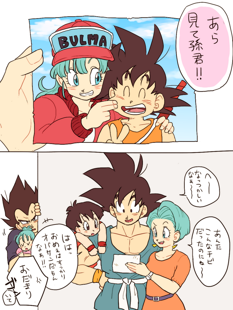 2boys 3girls :o baseball_cap black_eyes black_hair blue_eyes blue_hair bra_(dragon_ball) bulma character_name cheek_pinching closed_eyes dougi dragon_ball dragonball_z dress earrings father_and_daughter grandfather_and_granddaughter hand_on_hip hat highres jacket jewelry looking_at_another mother_and_daughter multiple_boys multiple_girls nyoibo open_mouth pan_(dragon_ball) photo_(object) pinching short_hair simple_background sky sleeping smile son_gokuu speech_bubble spiky_hair sweatdrop tkgsize translation_request v vegeta white_background wristband