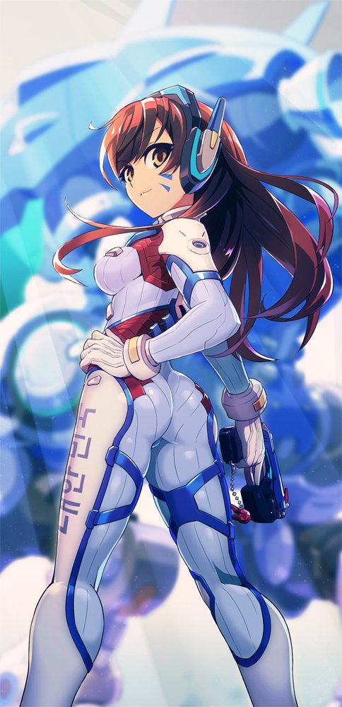 1girl ass blue_bodysuit bodysuit breasts brown_eyes brown_hair chingisu d.va_(overwatch) facepaint facial_mark from_behind gun hand_on_hip headphones high_collar holding holding_gun holding_weapon long_hair long_legs looking_at_viewer looking_back medium_breasts meka_(overwatch) overwatch pilot_suit ribbed_bodysuit shoulder_pads skin_tight smile solo standing weapon whisker_markings