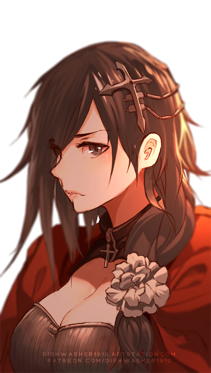 1girl artist_name artstation_username breasts brown_eyes brown_hair cleavage closed_mouth commentary cross cross_hair_ornament dishwasher1910 dress flower frown hair_ornament highres large_breasts long_hair looking_at_viewer older patreon_username red_dress ruby_rose rwby simple_background solo upper_body watermark web_address white_background