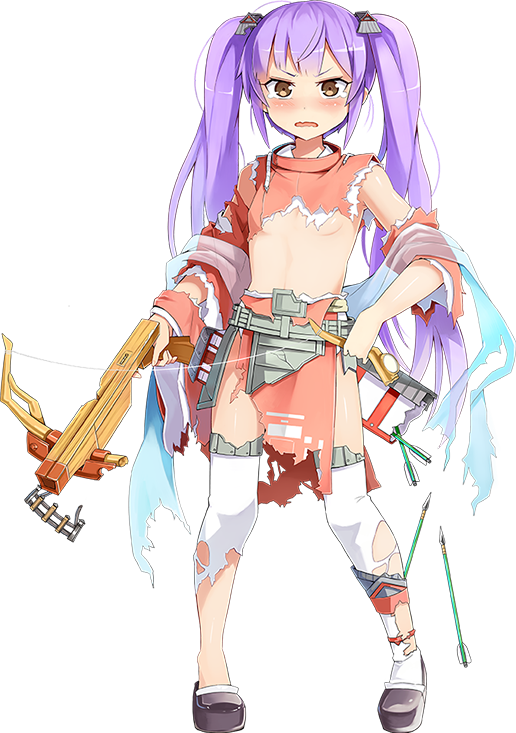 1girl arrow blush bowgun breasts broken broken_weapon emerane flat_chest full_body holding holding_weapon long_hair looking_at_viewer oshiro_project oshiro_project_re purple_hair quiver smile taga_(oshiro_project) tearing_up thigh-highs torn_clothes torn_thighhighs transparent_background twintails under_boob very_long_hair weapon yellow_eyes