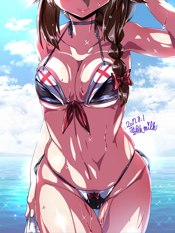 1girl 2017 adapted_costume bikini black_bikini black_hair braid breasts cleavage clouds cowboy_shot dated front-tie_top hair_over_shoulder hair_ribbon head_out_of_frame kantai_collection looking_at_viewer medium_breasts miuku_(marine_sapphire) navel red_ribbon ribbon shigure_(kantai_collection) side-tie_bikini signature single_braid smile solo swimsuit twitter_username wet