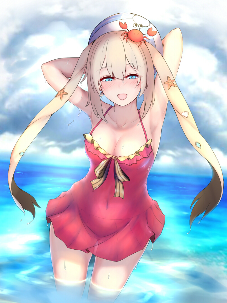 1girl aqua_eyes armpits arms_up ball beachball blonde_hair breasts cleavage collarbone covered_navel fate/grand_order fate_(series) long_hair looking_at_viewer marie_antoinette_(fate/grand_order) marie_antoinette_(swimsuit_caster)_(fate) nikuku_(kazedesune) revision smile solo thighs twintails