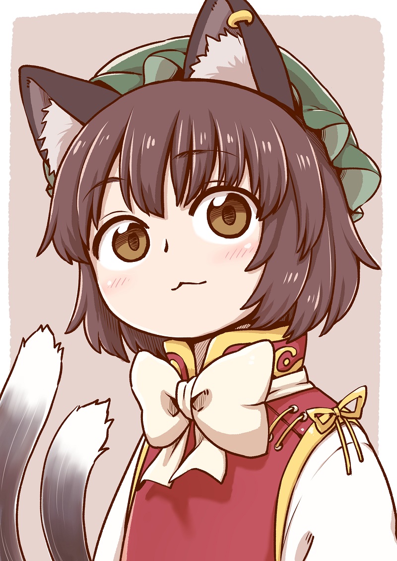 1girl :3 animal_ears bangs blush brown_eyes brown_hair cat_ears cat_tail chen chinese_clothes commentary_request dress ear_piercing eyebrows_visible_through_hair hat jewelry looking_away mob_cap multiple_tails nekomata piercing poronegi red_dress red_hat ribbon short_hair single_earring solo tail touhou