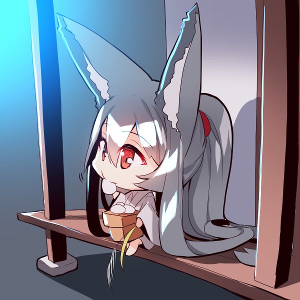 1girl animal_ear_fluff animal_ears bangs barefoot chibi commentary_request dango eating eyebrows_visible_through_hair food food_in_mouth fox_ears fox_girl fox_tail grey_hair hair_between_eyes japanese_clothes kimono long_hair long_sleeves looking_away mouth_hold original ponytail red_eyes sidelocks sitting solo tail tsukimi_dango veranda very_long_hair wagashi white_kimono wide_sleeves yuuji_(yukimimi)