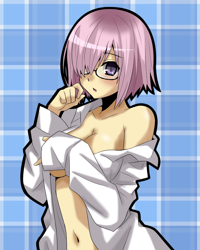 1girl breasts cleavage fate/grand_order fate_(series) glasses hair_over_one_eye looking_at_viewer matsudora124 midriff no_bra open_clothes open_shirt purple_hair shielder_(fate/grand_order) shirt short_hair solo upper_body violet_eyes white_shirt