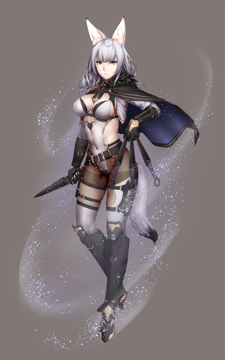 1girl animal_ears armor armored_boots aura bangs black_gloves blue_eyes blunt_bangs boots breasts cape cleavage closed_mouth covered_navel fox_ears fox_tail full_body gloves highleg highleg_leotard highres holding holding_weapon kageshio_(276006) kunai leotard long_hair looking_at_viewer medium_breasts ninja original pantyhose sekka_(kageshio) serious sideboob silver_hair solo standing tail thighband_pantyhose weapon