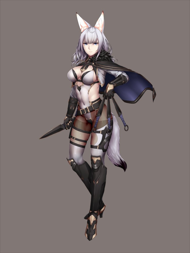 1girl animal_ears armor armored_boots bangs black_gloves blue_eyes blunt_bangs boots breasts cape cleavage closed_mouth covered_navel fox_ears fox_tail full_body gloves highleg highleg_leotard holding holding_weapon kageshio_(276006) kunai leotard long_hair looking_at_viewer medium_breasts ninja original pantyhose sekka_(kageshio) serious sideboob silver_hair solo standing tail thighband_pantyhose weapon
