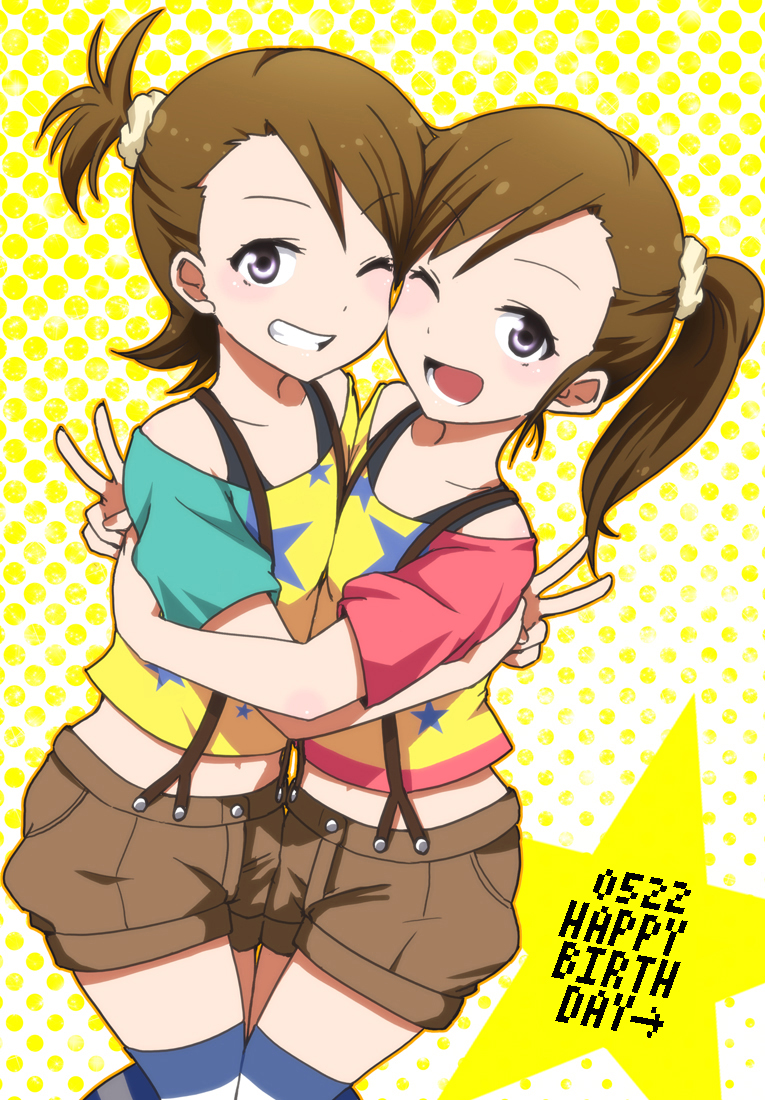 2girls ;d black_eyes brown_hair brown_shorts collarbone eyebrows_visible_through_hair futami_ami futami_mami hair_ornament hair_scrunchie happy_birthday hug idolmaster kidachi long_hair lower_teeth midriff multiple_girls navel one_eye_closed one_side_up open_mouth polka_dot polka_dot_background scrunchie short_shorts shorts siblings side_ponytail sisters smile stomach striped striped_legwear suspender_shorts suspenders teeth thigh-highs thighhighs v wink