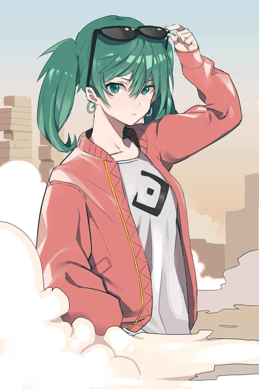 1girl adjusting_sunglasses arm_at_side arm_up bangs black-framed_eyewear earrings green_eyes green_hair hair_between_eyes hatsune_miku highres jacket jewelry long_hair long_sleeves looking_at_viewer nesume outdoors red_jacket ruins sky solo suna_no_wakusei_(vocaloid) sunglasses sunglasses_on_head twintails upper_body vocaloid