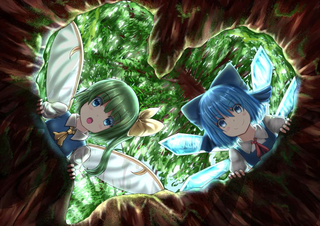&gt;:) 2girls :o ascot bangs blue_eyes blue_hair blush bow cirno closed_mouth daiyousei day fairy_wings from_below green_hair hair_bow hole ice ice_wings looking_at_viewer looking_down luke_(kyeftss) multiple_girls neck_ribbon open_mouth puffy_short_sleeves puffy_sleeves red_ribbon ribbon short_sleeves side_ponytail smile touhou tree wings yellow_bow