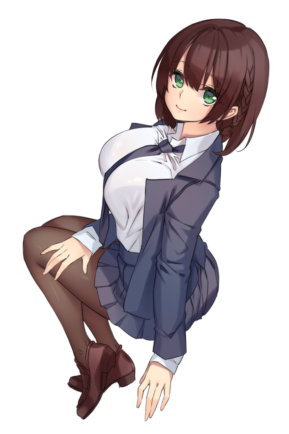 1girl ai-chan_(tawawa) arm_support blazer bra braid breasts brown_hair brown_legwear closed_mouth eyebrows_visible_through_hair from_above from_side getsuyoubi_no_tawawa green_eyes highres jacket large_breasts loafers looking_at_viewer necktie pantyhose pleated_skirt school_uniform see-through shoes short_hair side_braid simple_background sitting skirt sleeves_past_wrists smile solo underwear white_background yin-ting_tian