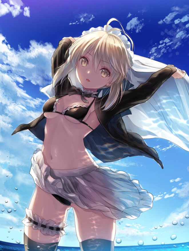 1girl apron arms_up artoria_pendragon_(all) backlighting bikini black_bikini black_legwear blue_sky breasts choker clouds cloudy_sky day fate/grand_order fate_(series) fisheye gluteal_fold jacket leg_garter light_brown_hair long_sleeves looking_at_viewer maid_headdress navel open_clothes open_jacket outdoors outstretched_arms saber_alter short_hair sky small_breasts solo swimsuit thigh-highs waist_apron water_drop yasuyuki yellow_eyes