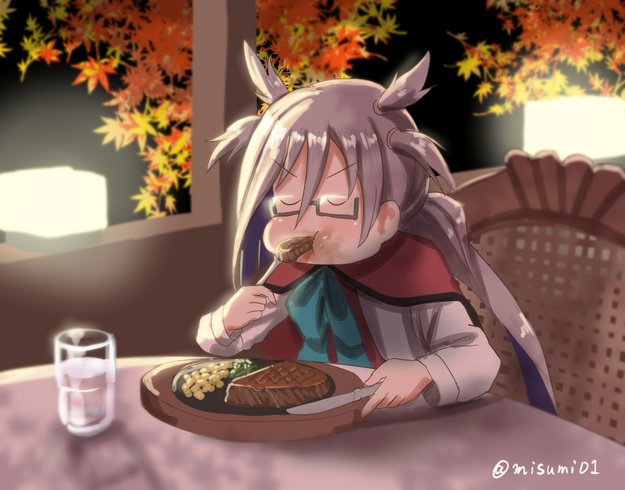 &gt;:d 1girl :d ahoge bow bowtie cosplay eating food glasses grey_hair kantai_collection kiyoshimo_(kantai_collection) long_hair misumi_(niku-kyu) musashi_(kantai_collection) musashi_(kantai_collection)_(cosplay) open_mouth puffy_cheeks shirt skirt smile steak twintails very_long_hair white_shirt