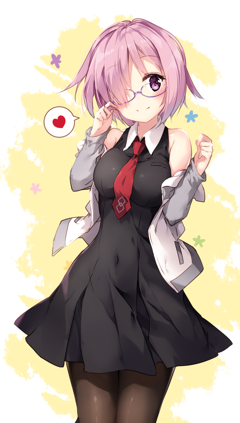 1girl bare_shoulders black_dress breasts brown_legwear covered_navel dress fate/grand_order fate_(series) glasses hair_over_one_eye heart highres looking_to_the_side marimo_moka medium_breasts necktie pantyhose pink_hair purple-framed_eyewear red_necktie shielder_(fate/grand_order) short_hair solo speech_bubble spoken_heart violet_eyes
