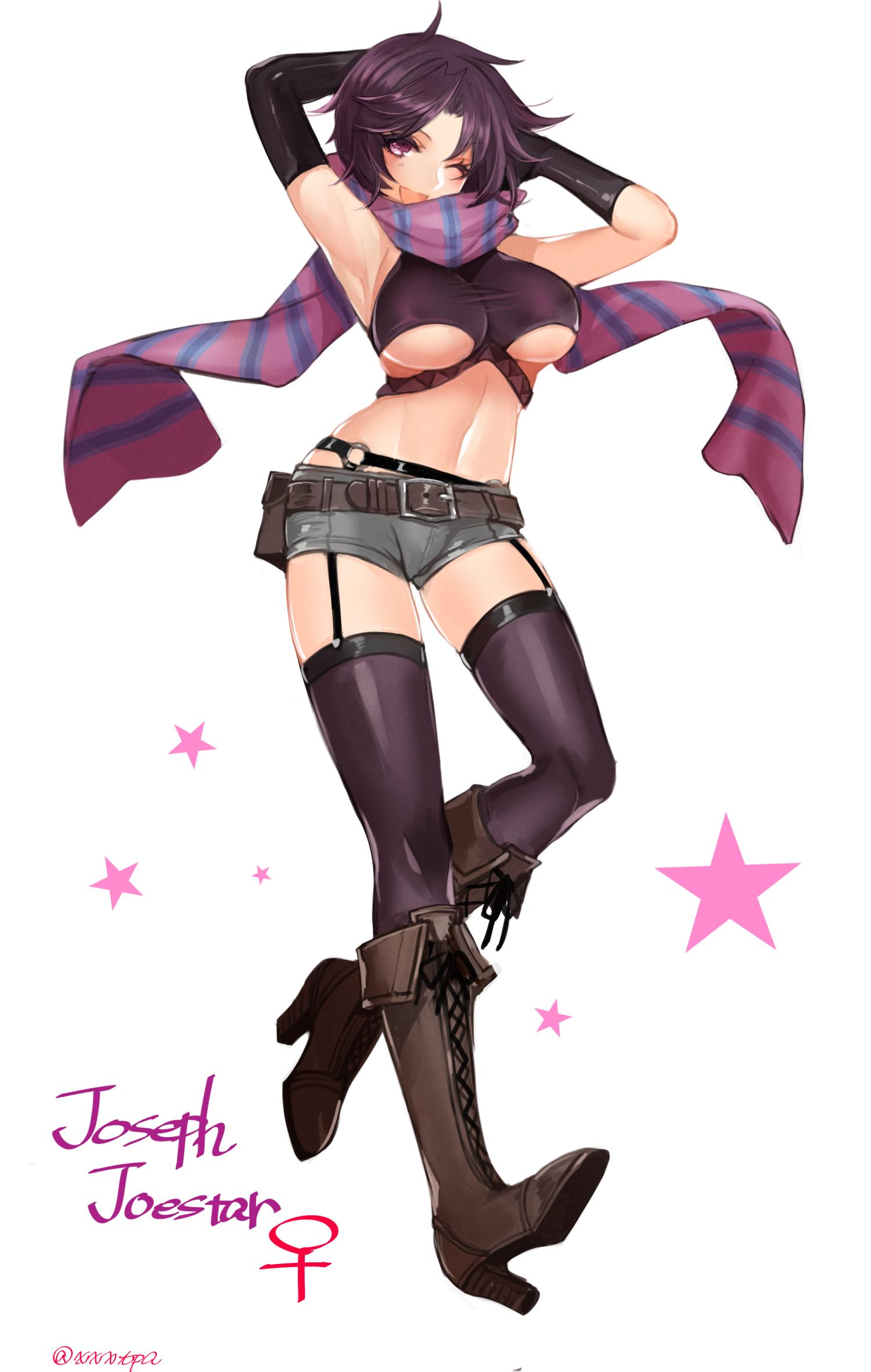 1girl ;d ahoge apt armpits arms_behind_head arms_up battle_tendency belt black_gloves black_legwear blush boots breasts character_name crop_top crop_top_overhang cross-laced_footwear erect_nipples female full_body garter_straps genderswap genderswap_(mtf) gloves high_heel_boots high_heels highres jojo_no_kimyou_na_bouken joseph_joestar_(young) lace-up_boots large_breasts looking_at_viewer navel one_eye_closed open_mouth purple_hair scarf short_hair short_shorts shorts smile solo standing stomach striped striped_scarf thigh-highs under_boob violet_eyes