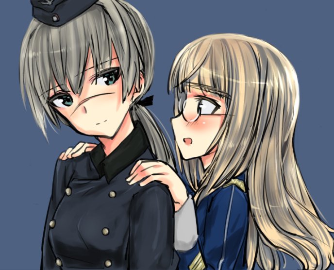 2girls amefre black_jacket black_ribbon blonde_hair blue_background blue_eyes blue_hat blue_jacket blush brown_hair closed_mouth eyebrows_visible_through_hair facial_scar garrison_cap glasses grey_hair hair_ribbon hands_on_another's_shoulders hanna_rudel hat jacket light_smile long_hair long_sleeves looking_at_another military military_hat military_uniform multiple_girls open_mouth perrine_h_clostermann ponytail portrait ribbon scar simple_background smile strike_witches uniform world_witches_series
