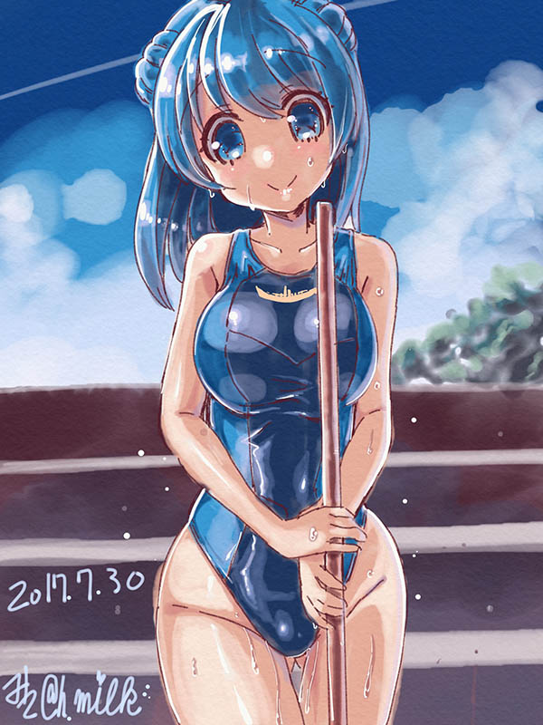 1girl 2017 blue_eyes blue_hair blue_swimsuit clouds competition_swimsuit cowboy_shot dated double_bun gluteal_fold hat kantai_collection looking_at_viewer miuku_(marine_sapphire) mop one-piece_swimsuit sailor_hat signature solo standing swimsuit urakaze_(kantai_collection)