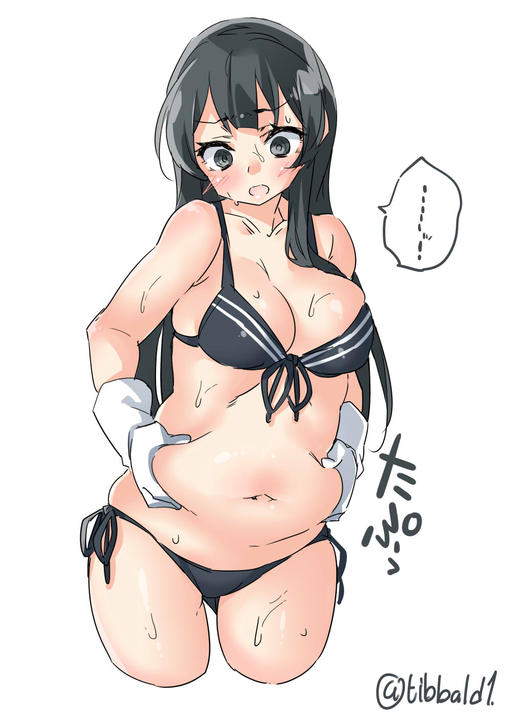 1girl agano_(kantai_collection) bangs belly black_bra black_eyes black_hair black_panties blush bra breasts cleavage cowboy_shot cropped_legs ebifurya eyebrows_visible_through_hair front-tie_top gloves highres kantai_collection long_hair medium_breasts navel open_mouth panties plump side-tie_panties sidelocks simple_background solo sweat twitter_username underwear underwear_only weight_conscious white_background white_gloves