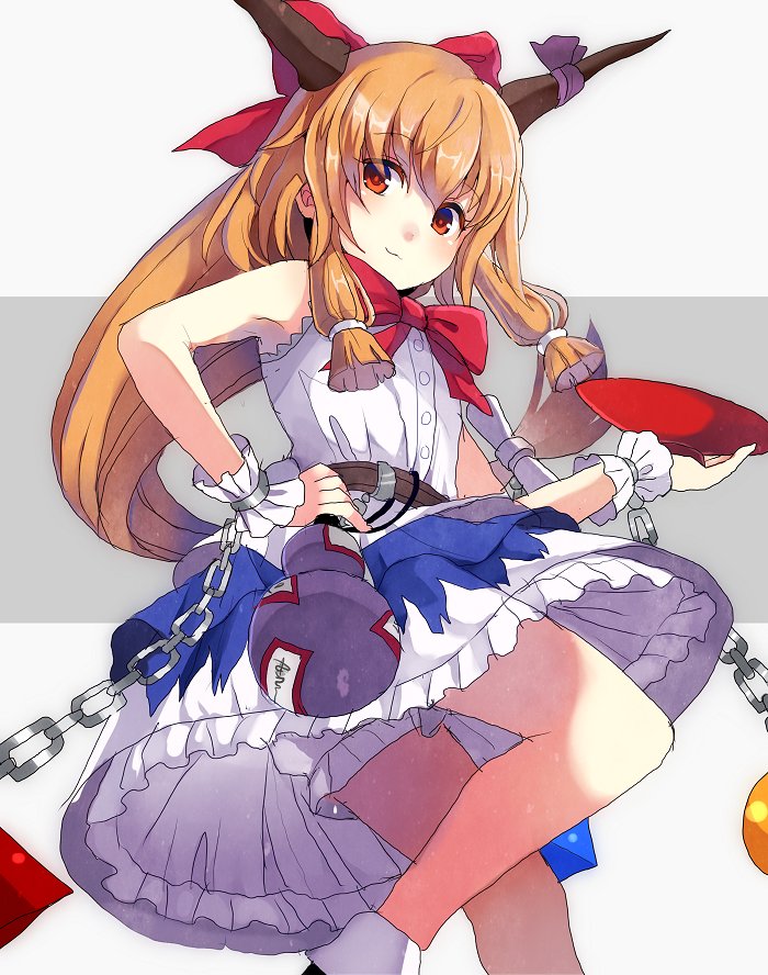 1girl bangs belt bloomers blush bow bowtie buttons chains closed_mouth cuffs cup eyebrows_visible_through_hair floating_hair gourd hair_bow hand_on_hip holding horn_bow horns ibuki_suika long_hair looking_at_viewer multicolored multicolored_background orange_hair purple_bow red_bow red_bowtie red_eyes sakazuki sameya shackles shirt sidelocks sleeveless smile solo touhou two-tone_background underwear very_long_hair white_shirt wristband