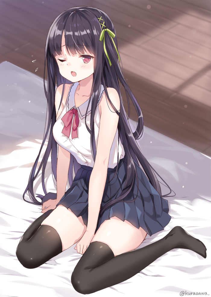 1girl ;o bangs between_legs black_hair black_legwear blue_skirt blush breasts collarbone eyebrows_visible_through_hair green_ribbon hair_ornament hair_ribbon hand_between_legs indoors kurasawa_moko long_hair looking_at_viewer medium_breasts one_eye_closed open_mouth original pleated_skirt ribbon sitting skirt sleeveless solo thigh-highs thighs twitter_username wariza x_hair_ornament