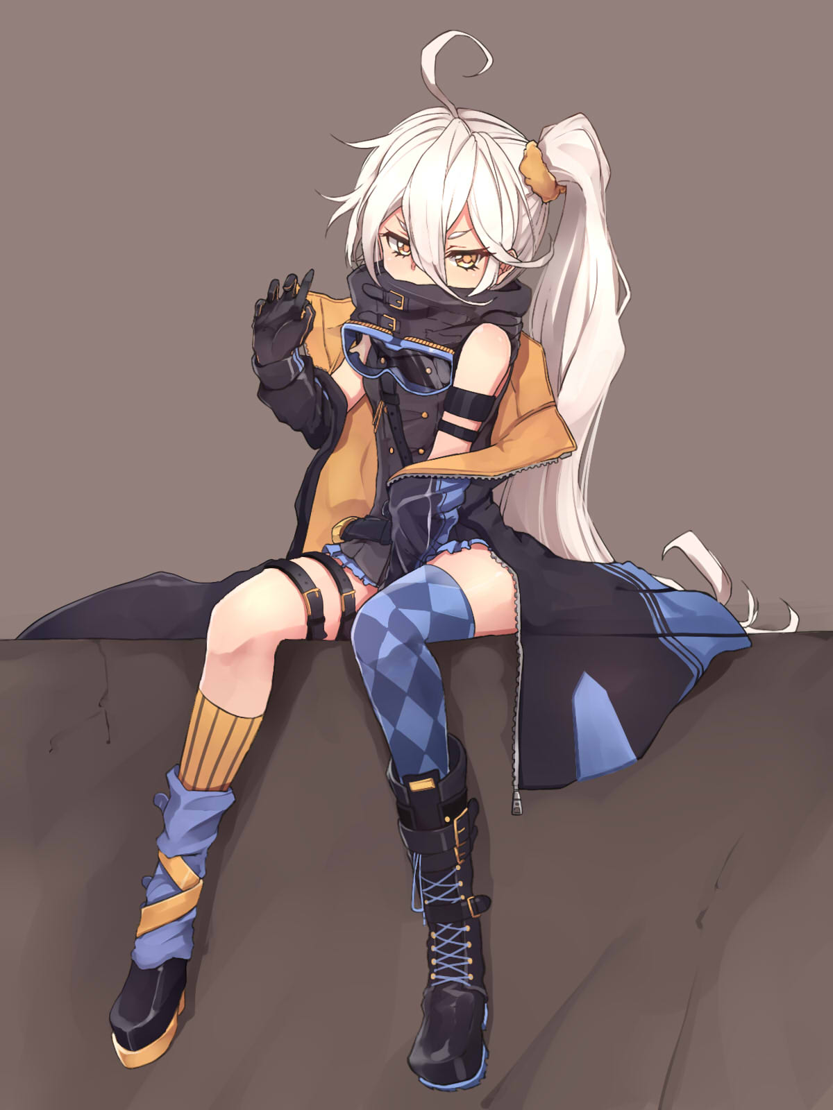 1girl ahoge ahokoo argyle argyle_legwear black_gloves blue_legwear boots brown_background coat full_body girls_frontline gloves goggles highres long_hair pkp_(girls_frontline) side_ponytail single_thighhigh sitting solo thigh-highs white_hair yellow_eyes