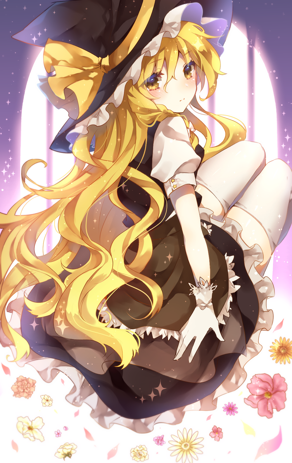 1girl bad_id bad_twitter_id blonde_hair blush bow braid flower from_behind frown gloves hair_bow hair_ornament hat hat_ribbon highres kirisame_marisa long_hair looking_at_viewer looking_back puffy_sleeves revision ribbon shirt short_sleeves side_braid single_braid skirt skirt_set solo sweetroad thigh-highs touhou very_long_hair vest wavy_hair white_gloves white_legwear witch_hat yellow_eyes zettai_ryouiki