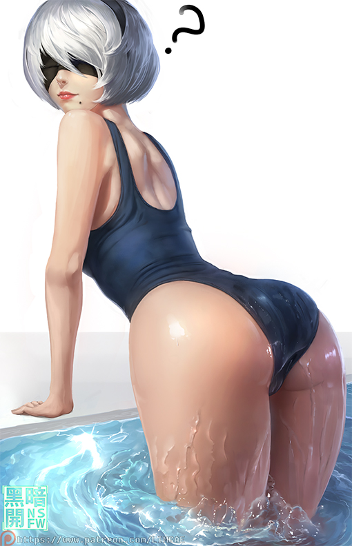 1girl ? ass black_hairband blindfold covered_eyes facing_viewer hairband lips looking_back mole mole_under_mouth nier_(series) nier_automata patreon_reward rimu_niku school_swimsuit silver_hair swimsuit water watermark wet yorha_no._2_type_b