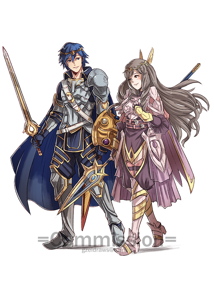 1boy 1girl blue_hair breastplate brown_eyes cape crown fire_emblem fire_emblem:_kakusei gauntlets greaves holding holding_shield holding_spear holding_sword holding_weapon krom long_hair pauldrons polearm shield smile spear sumia sword watermark weapon white_background