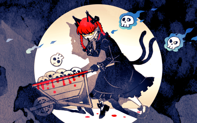 1girl animal_ears blood braid cat_ears cat_tail dress evil_grin evil_smile finger_to_mouth ghost gloves grin kaenbyou_rin long_hair looking_at_viewer meitei multiple_tails pointy_ears red_eyes redhead skull smile solo tail touhou twin_braids two_tails wheelbarrow yellow_sclera