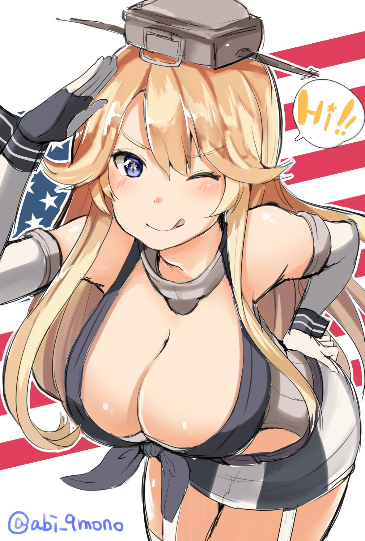 1girl ;q abi_(abimel10) american_flag bare_shoulders blonde_hair blue_eyes blush breasts cleavage cowboy_shot elbow_gloves fingerless_gloves foreshortening front-tie_top garter_straps gloves hair_between_eyes headgear highres iowa_(kantai_collection) kantai_collection large_breasts leaning_forward looking_at_viewer miniskirt one_eye_closed skirt smile solo star star-shaped_pupils symbol-shaped_pupils tongue tongue_out twitter_username