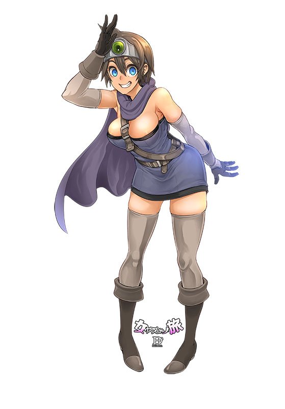 1girl bare_shoulders belt blue_eyes blush boots breasts brown_hair cape circlet dragon_quest dragon_quest_iii elbow_gloves gloves large_breasts roto shindou_l short_hair solo thigh-highs