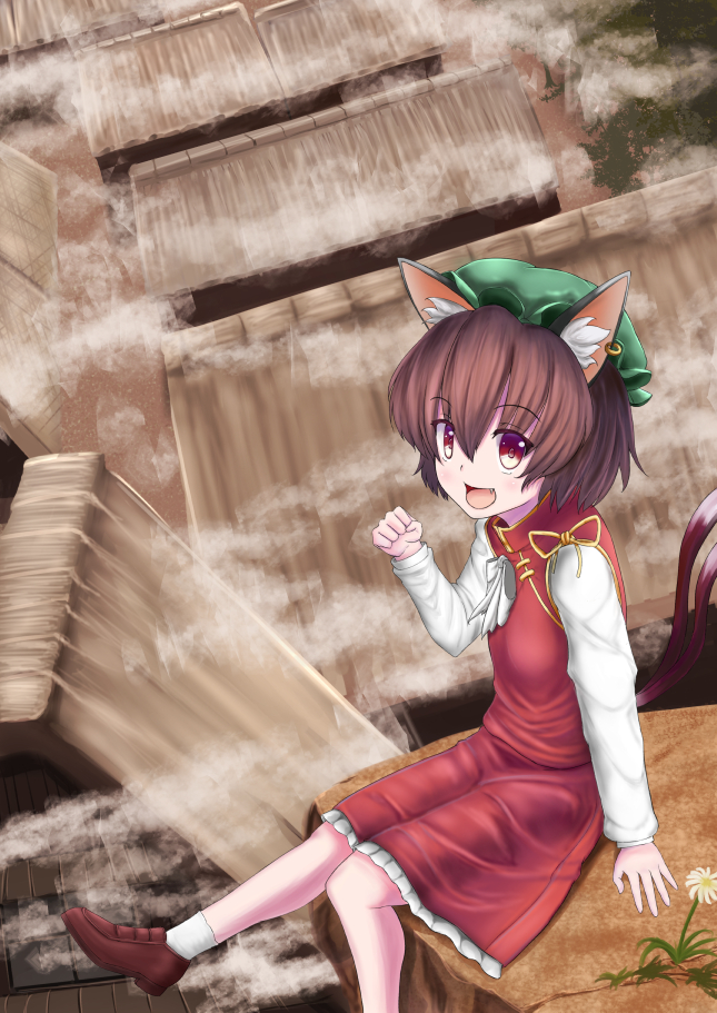 1girl :d animal_ears bangs blush brown_hair cat_ears cat_tail chen chinese_clothes fang flower fog from_side hat house jewelry long_sleeves looking_at_viewer looking_to_the_side luke_(kyeftss) mob_cap multiple_tails open_mouth red_eyes red_skirt red_vest short_hair single_earring sitting skirt smile solo tail touhou two_tails vest