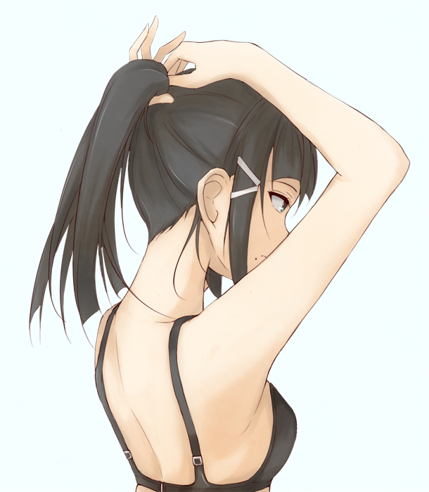 10s 1girl aqua_eyes arms_up black_bra bra breasts brown_hair bunching_hair closed_mouth commentary_request from_side frown ken_(kenta1922) kurosawa_dia love_live! love_live!_sunshine!! medium_breasts mole mole_under_mouth nape ponytail profile simple_background solo underwear upper_body