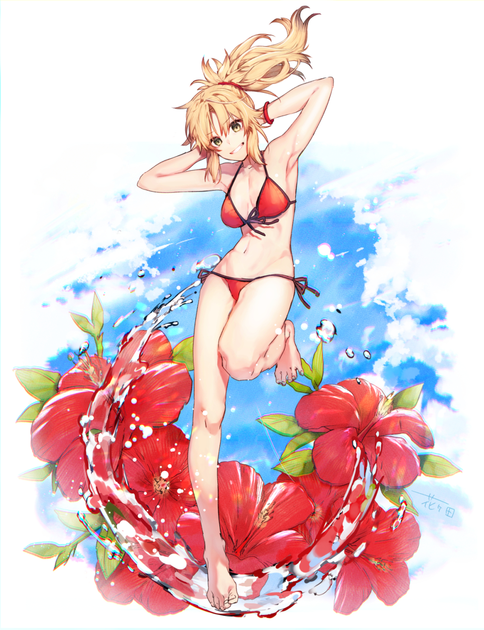 1girl armpits arms_behind_head bare_shoulders bikini blonde_hair blue_sky blush breasts chromatic_aberration clouds fate/apocrypha fate/grand_order fate_(series) floral_background flower front-tie_bikini front-tie_top full_body green_eyes grin hair_ornament hair_scrunchie hibiscus highres leg_up long_hair looking_at_viewer medium_breasts mordred_(swimsuit_rider)_(fate) navel one_leg_raised parted_lips ponytail rakugakiii red_bikini red_flower saber_of_red scrunchie side-tie_bikini sidelocks sky smile solo swimsuit teeth water water_drop