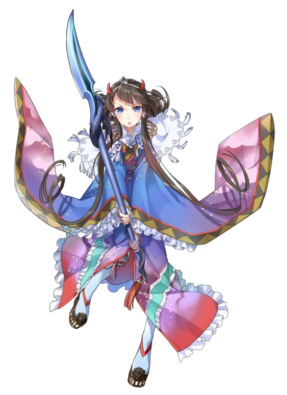 1girl bangs blue_eyes blue_kimono brown_hair drill_hair full_body hachiouji_(oshiro_project) hair_ornament holding holding_spear holding_weapon horned_headwear japanese_clothes kazune_(baumkuchen) kimono long_hair oshiro_project oshiro_project_re polearm spear transparent_background very_long_hair weapon white_legwear