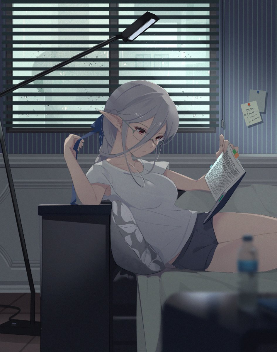 1girl blurry book bottle boyshorts braid breasts closed_mouth copyright_request couch depth_of_field expressionless fu-mi.a glasses green-framed_eyewear grey_hair hair_between_eyes hair_ribbon highres indoors lamp long_hair lying medium_breasts ortlinde=nblg=valkyria pointy_ears reading ribbon semi-rimless_glasses solo sound_voltex under-rim_glasses water_bottle