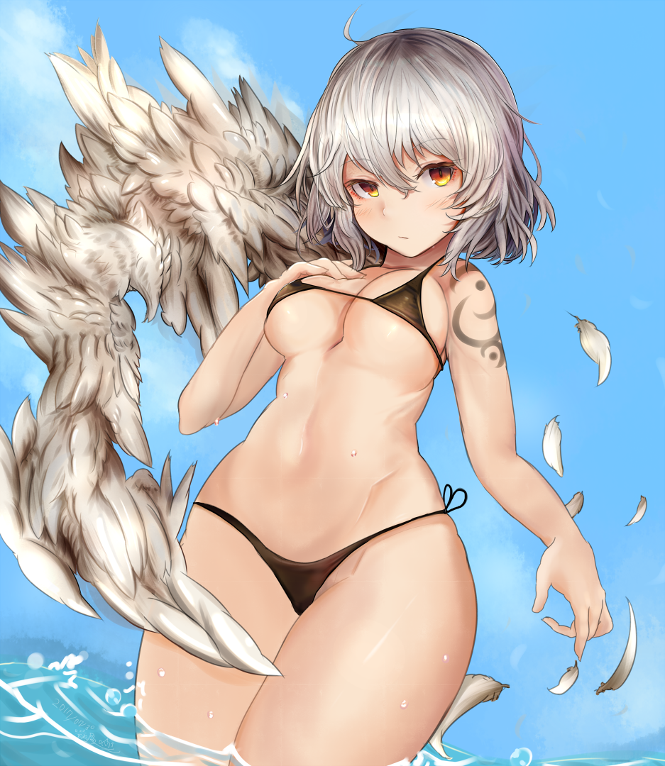 1girl ahoge bare_arms bare_legs bikini black_bikini blue_sky breasts commentary_request expressionless feathered_wings feathers halter_top halterneck houdukixx kishin_sagume looking_at_viewer medium_breasts orange_eyes side-tie_bikini sideboob silver_hair single_wing sky solo stomach swimsuit tattoo thick_thighs thighs touhou under_boob wading water wings yellow_eyes