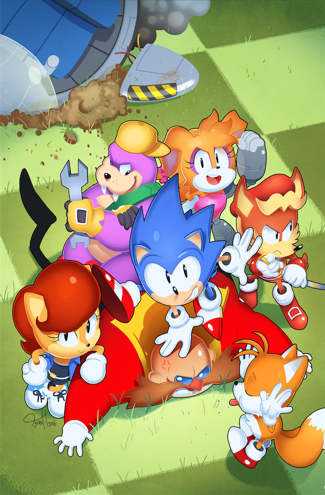 anger_vein angry antoine_d'coolette bunnie_rabbot commentary cyborg dr._eggman facial_hair from_above gloves hat mustache rotor_the_walrus sally_acorn shoes smile sneakers sonic sonic_the_hedgehog sword tails_(sonic) tongue tongue_out tyson_hesse weapon wreckage wrench