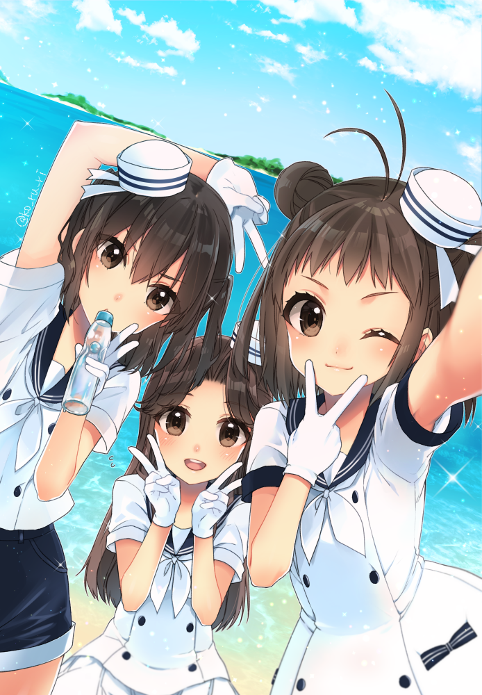 3girls :d alternate_costume armpit_peek beach black_sailor_collar black_shorts bottle brown_eyes brown_hair day dixie_cup_hat double_bun gloves hair_intakes half_updo hat jintsuu_(kantai_collection) kantai_collection koruri long_hair military_hat multiple_girls naka_(kantai_collection) neckerchief ocean one_eye_closed open_mouth ramune sailor_collar school_uniform sendai_(kantai_collection) serafuku short_hair short_sleeves shorts smile twitter_username two_side_up v white_gloves white_hat white_neckerchief