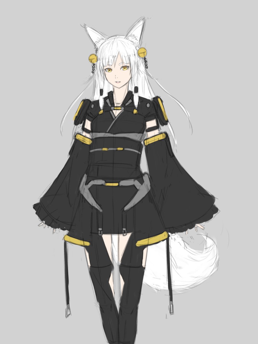 1girl animal_ears armor bangs bell black_dress breasts commentary_request detached_sleeves dress feet_out_of_frame fox_ears fox_girl fox_tail grey_background hair_ornament highres long_hair looking_at_viewer original pantyhose shoulder_armor small_breasts solo sugi_214 tail white_hair wide_sleeves work_in_progress yellow_eyes