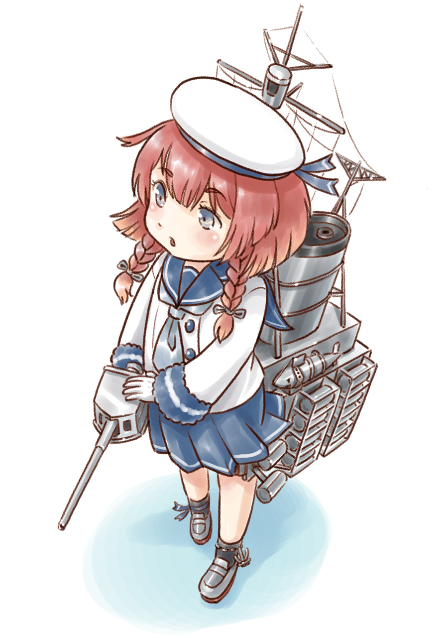 1girl anklet blue_eyes blue_ribbon blue_sailor_collar blue_skirt braid buttons cannon depth_charge depth_charge_projector etorofu_(kantai_collection) gloves hat highres jewelry kantai_collection karasu_(naoshow357) long_sleeves machinery mary_janes neckerchief open_mouth pleated_skirt redhead ribbon sailor_hat school_uniform serafuku shoes short_hair skirt smokestack solo thick_eyebrows turret twin_braids white_gloves white_hat