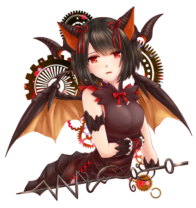 1girl bangs black_hair bow bowtie breasts brown_dress dragon_ears dragon_horns dragon_wings dress eyebrows_visible_through_hair gears horns kazuyoshi looking_at_viewer medium_breasts myr_(p&amp;d) open_mouth puzzle_&amp;_dragons red_bow red_bowtie red_eyes short_hair simple_background sleeveless solo upper_body white_background wings