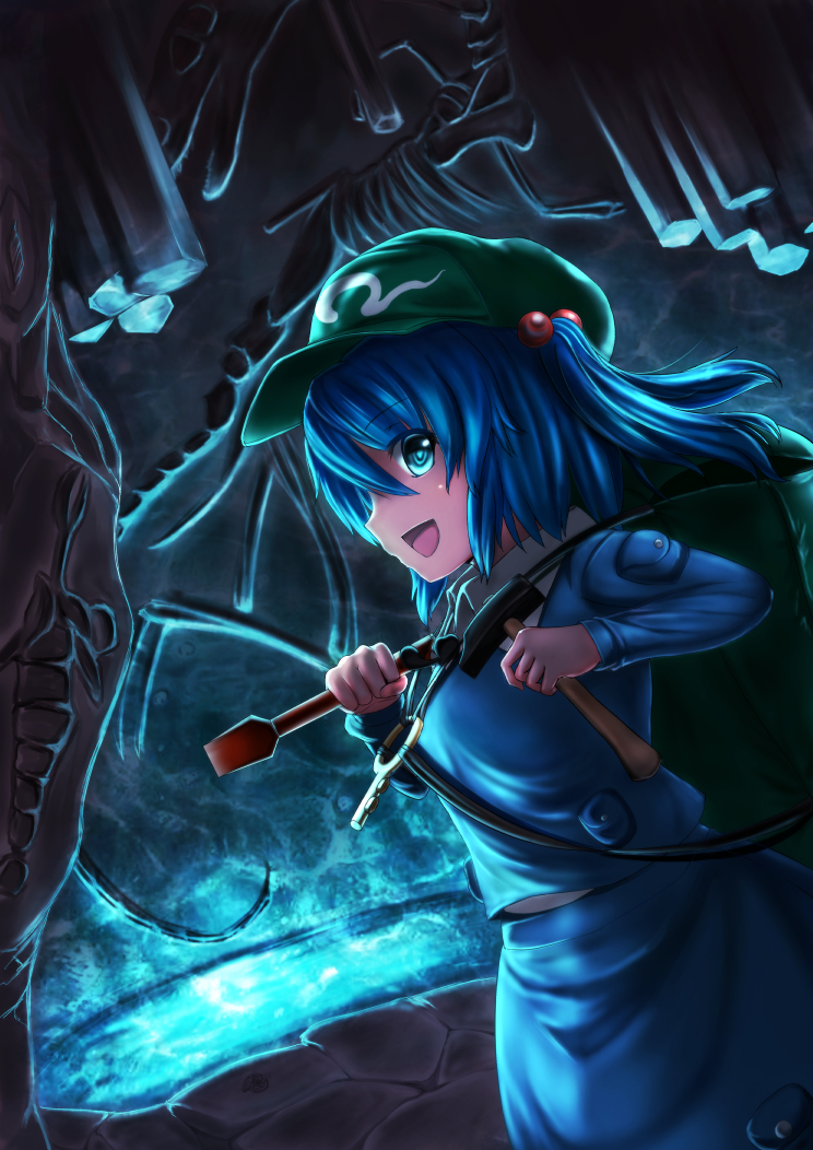 1girl :d backpack bag bangs blue_eyes blue_hair blue_shirt blue_skirt carving cowboy_shot flat_cap from_side hair_bobbles hair_ornament hammer hat indoors kawashiro_nitori key long_sleeves looking_at_viewer looking_to_the_side luke_(kyeftss) open_mouth pond profile shirt skirt skirt_set smile solo touhou two_side_up