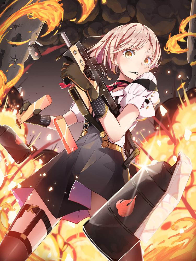 1girl black_gloves black_legwear blush brown_hair eyebrows_visible_through_hair girls_frontline gloves gun holding holding_gun holding_weapon looking_at_viewer pot-palm puffy_short_sleeves puffy_sleeves short_hair short_sleeves solo tdi_vector_(girls_frontline) thigh-highs weapon yellow_eyes