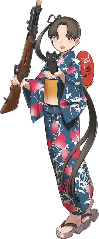 1girl :3 air_gun ayanami_(kantai_collection) brown_hair cat fan gun japanese_clothes kantai_collection kimono long_hair machine_gun official_art shibafu_(glock23) side_ponytail weapon yukata