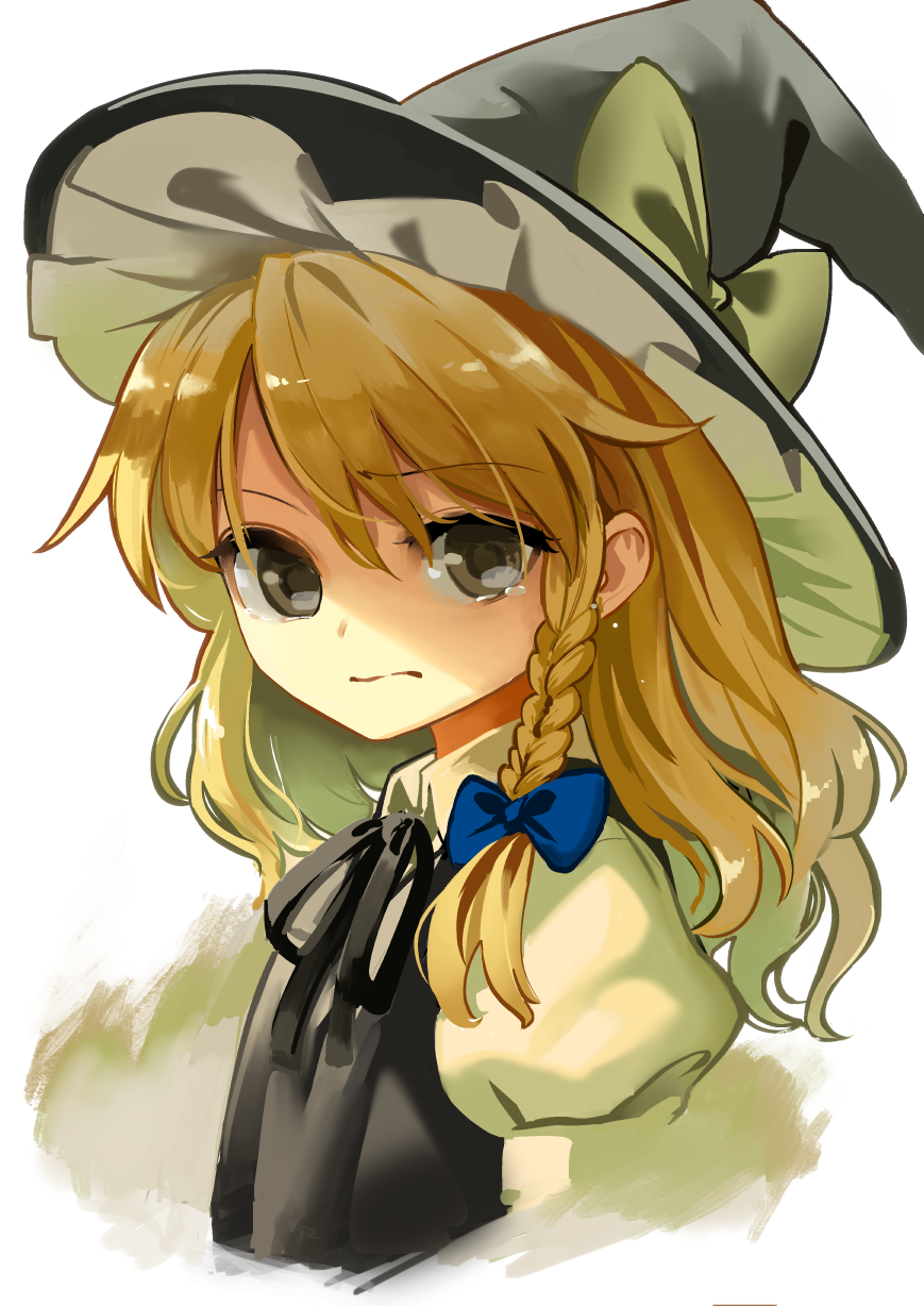 1girl :/ black_eyes blonde_hair braid crying hat highres kirisame_marisa long_hair looking_at_viewer puffy_short_sleeves puffy_sleeves short_sleeves side_braid single_braid solo suna_(s73d) tears touhou vest witch_hat