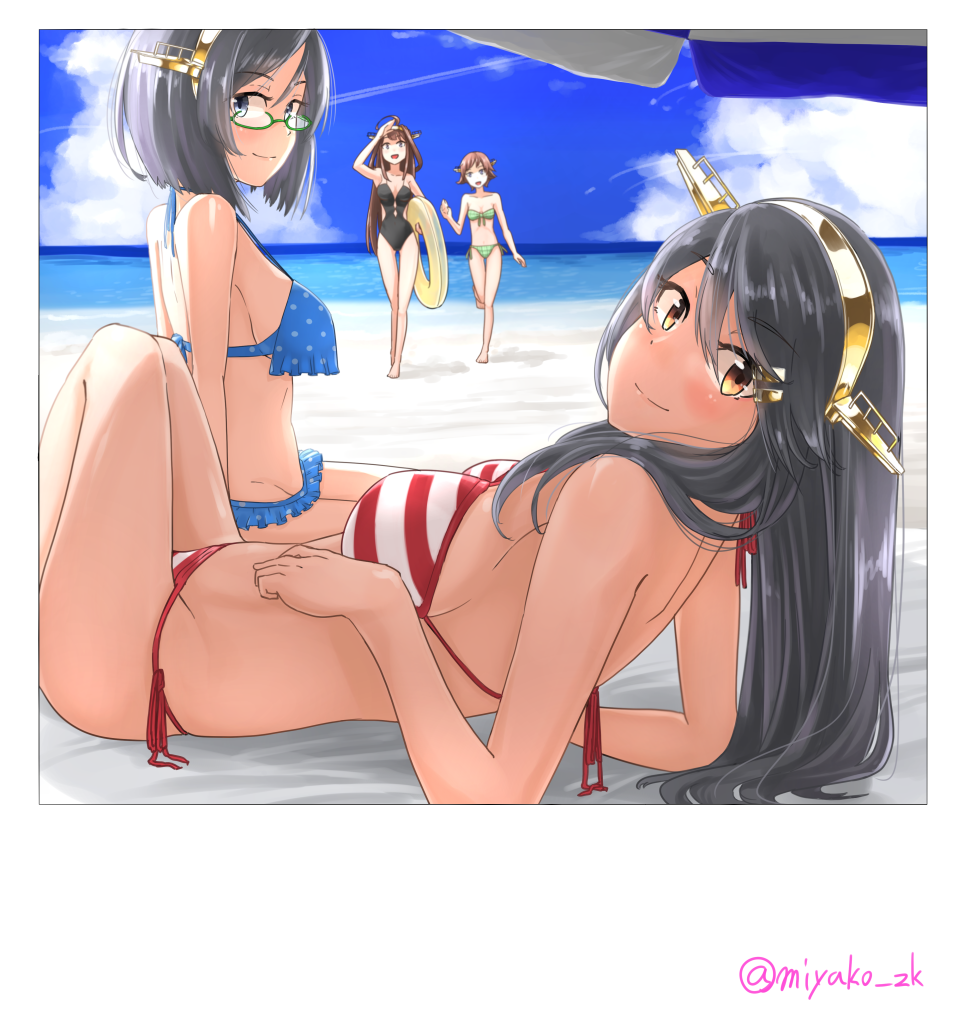 4girls alternate_costume beach beach_umbrella bikini black_hair blue_eyes blue_sky blush breasts brown_eyes brown_hair closed_mouth day frilled_bikini frills full_body glasses green-framed_eyewear groin hairband haruna_(kantai_collection) headgear hiei_(kantai_collection) innertube kantai_collection kirishima_(kantai_collection) kongou_(kantai_collection) long_hair looking_at_viewer medium_breasts multiple_girls outdoors semi-rimless_glasses short_hair side-tie_bikini sideboob sky smile standing sunlight swimsuit tokizaki9452 umbrella under-rim_glasses