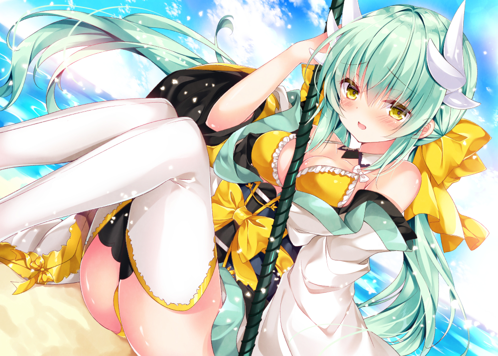 1girl aqua_hair ass bangs beach between_breasts bikini blue_sky blush bow breasts cleavage clouds day detached_collar dutch_angle eyebrows_visible_through_hair fate/grand_order fate_(series) frilled_bikini frills hair_between_eyes hair_ribbon holding holding_weapon horizon horns kiyohime_(fate/grand_order) kiyohime_(swimsuit_lancer)_(fate) knees_up long_hair looking_at_viewer medium_breasts nogi_takayoshi ocean open_mouth outdoors polearm ponytail ribbon sand shawl sitting sky solo spear summer sunlight swimsuit thigh-highs water weapon white_legwear wing_collar yellow_bikini yellow_bow yellow_eyes yellow_ribbon