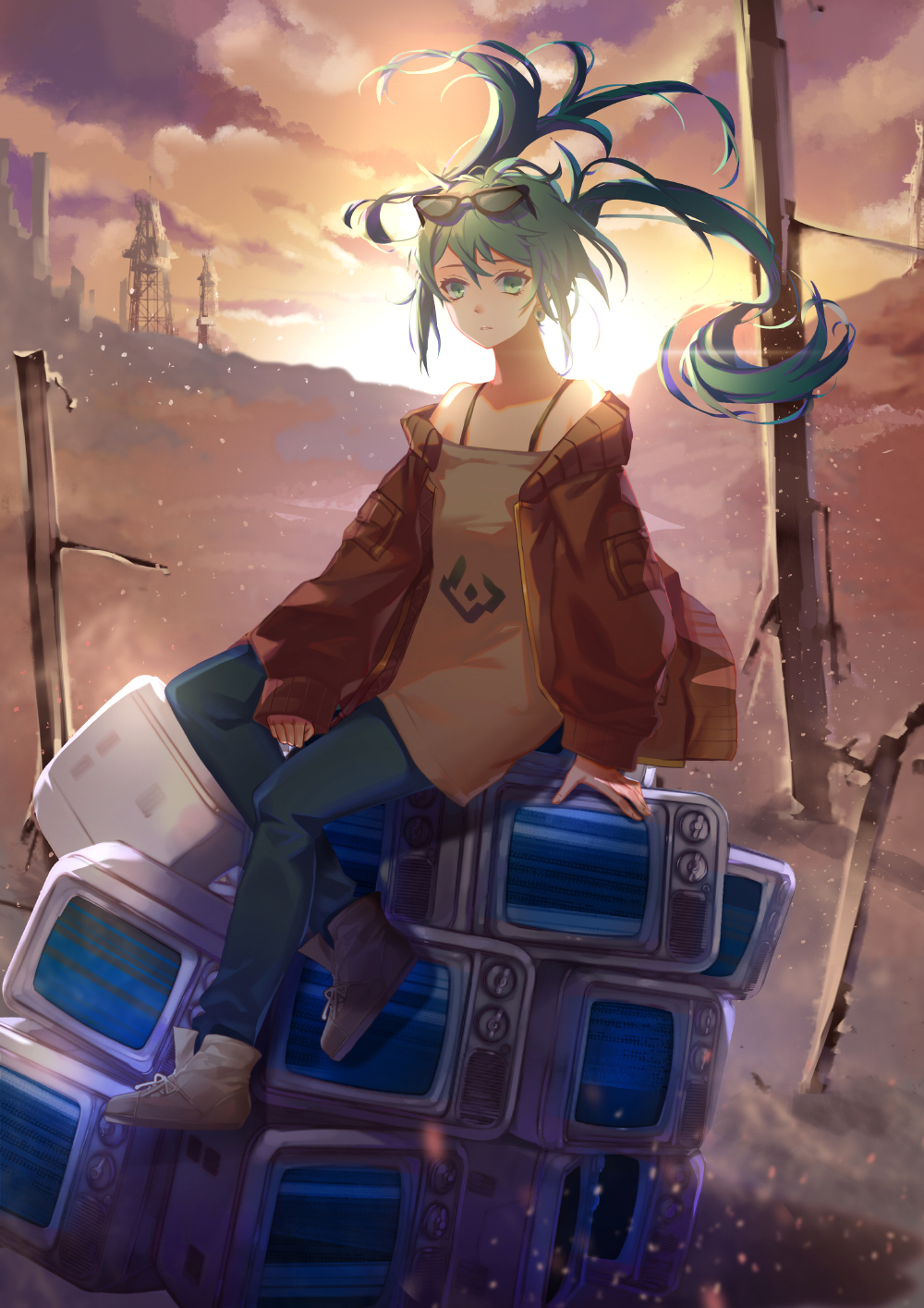 1girl boots brown_boots clouds earrings full_body glasses_on_head green_eyes green_hair hatsune_miku highres jewelry long_hair looking_at_viewer outdoors purple_sky radio_tower ruins shenteita sitting suna_no_wakusei_(vocaloid) sunrise television twintails vocaloid